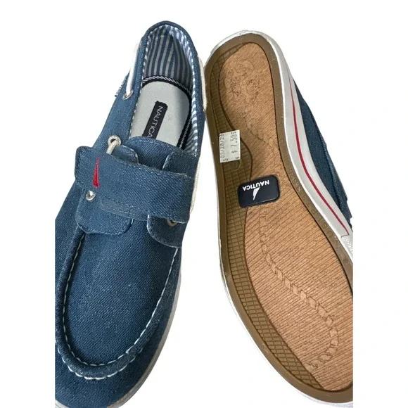 Nautica Boat Shoes Women 9 Blue Denim Hook Loop Striped Good Casual Loafers - Picture 2 of 12